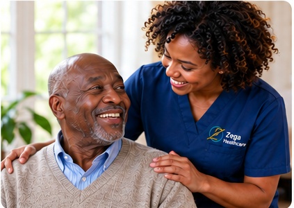 Zega Healthcare caregiver in a branded uniform providing compassionate in-home support