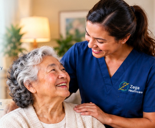 Zega Healthcare caregiver in a branded uniform spending time with an older adult