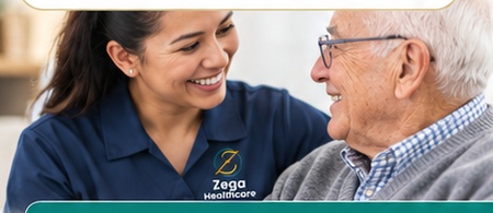 Zega Healthcare caregiver in a branded uniform supporting an older adult at home